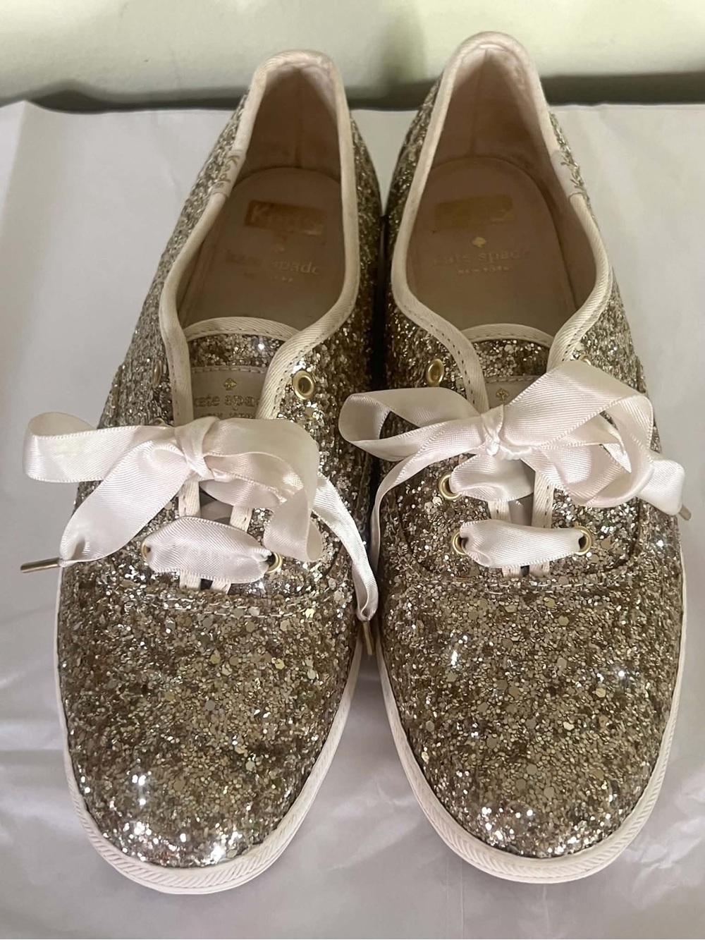 kate spade Gold Glitter Satin Ribbon Lace-Up Sneakers